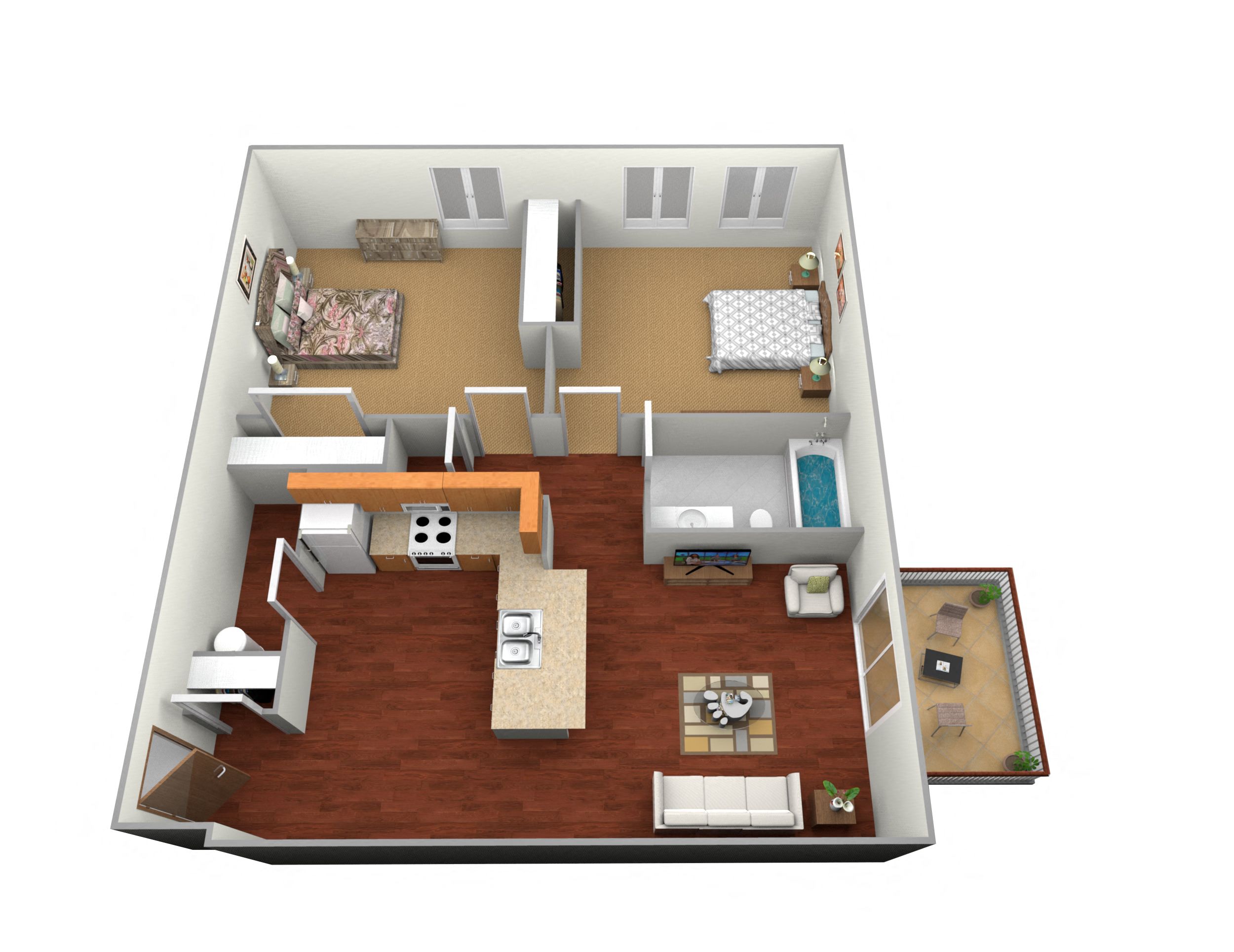 Floor plan for 2 beds, 1 bath, 1040 sqft